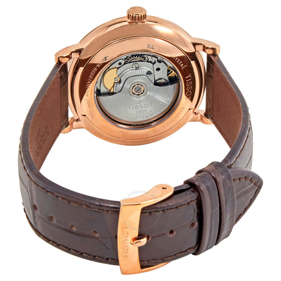 Tissot Carson Premium Powermatic 80 caseback showing automatic movement and brown leather strap