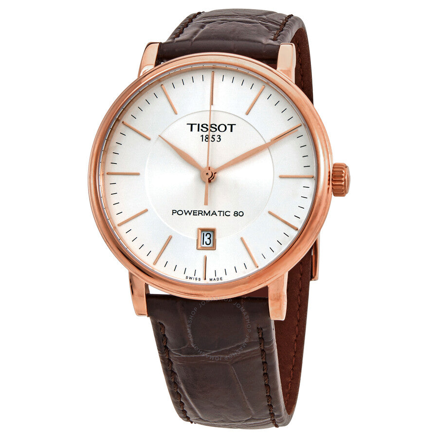 Tissot Carson Premium Powermatic 80 rose gold watch with white dial and brown leather strap