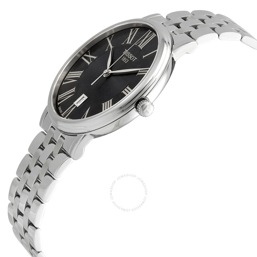 Tissot Carson Premium watch with black Roman numeral dial on stainless steel bracelet, angled view
