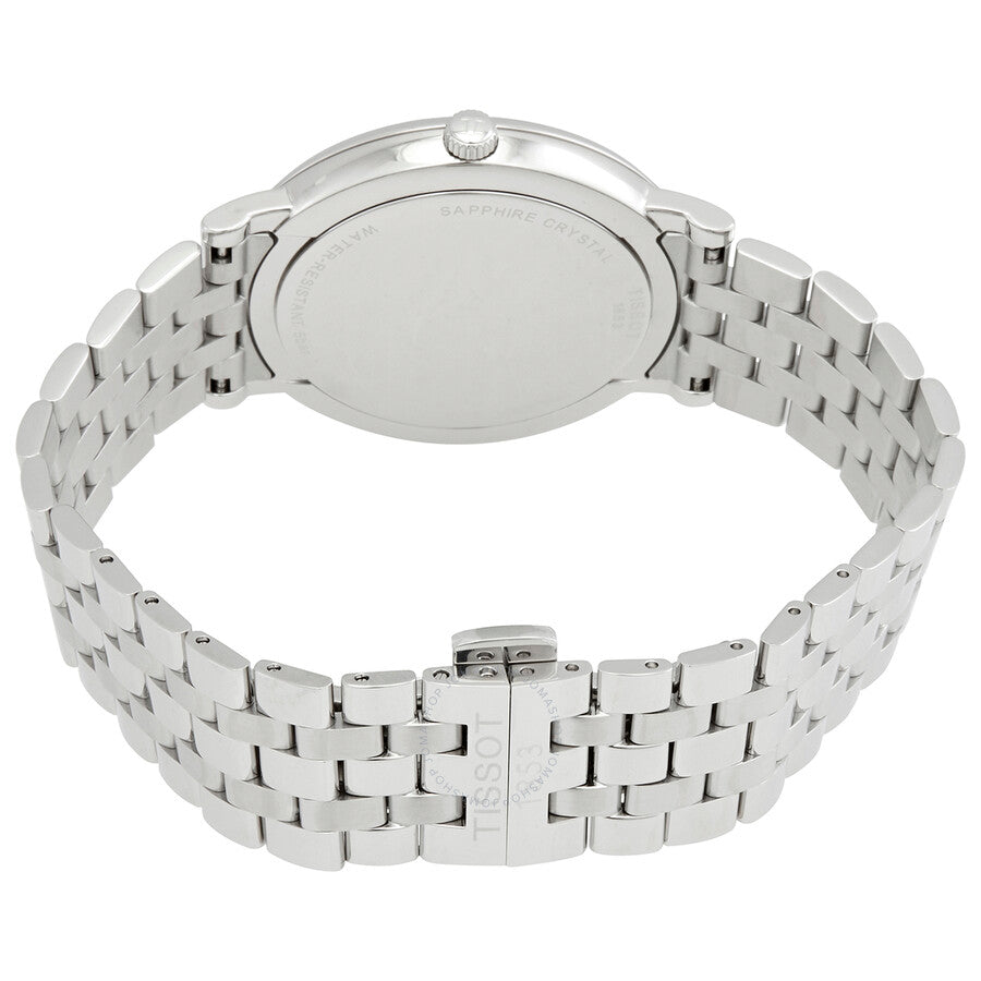 Tissot Carson Premium watch showing stainless steel caseback and bracelet