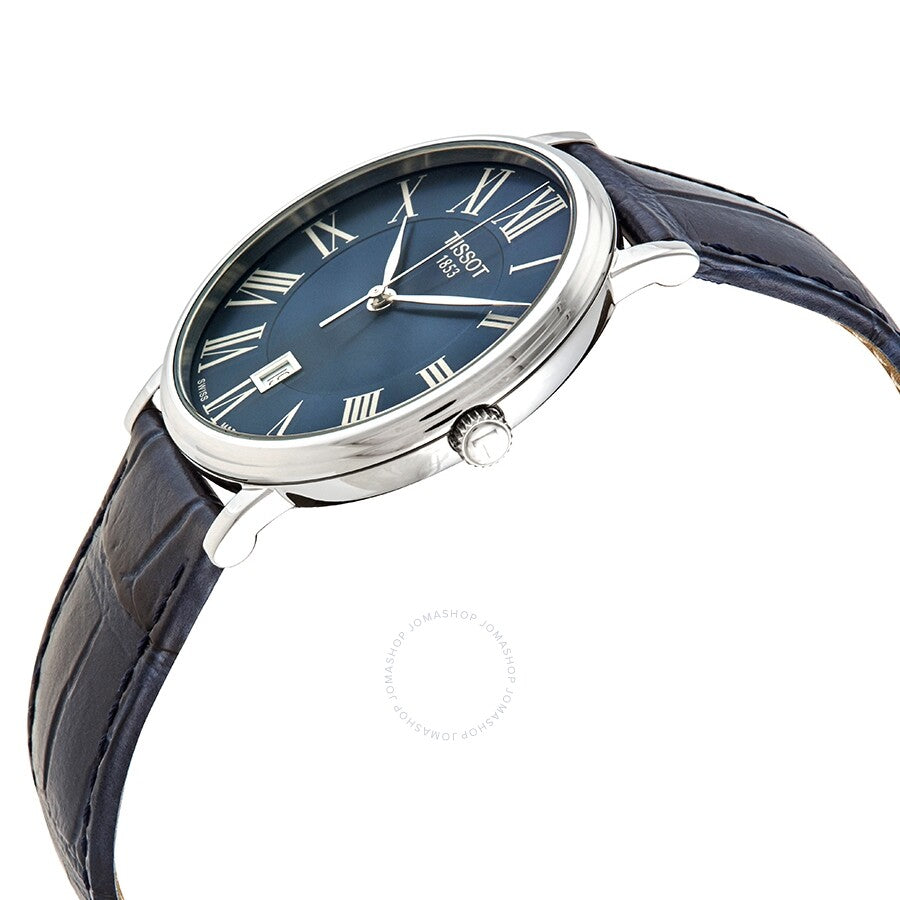 Tissot Carson Premium watch at three-quarter angle showing dial and curved case profile