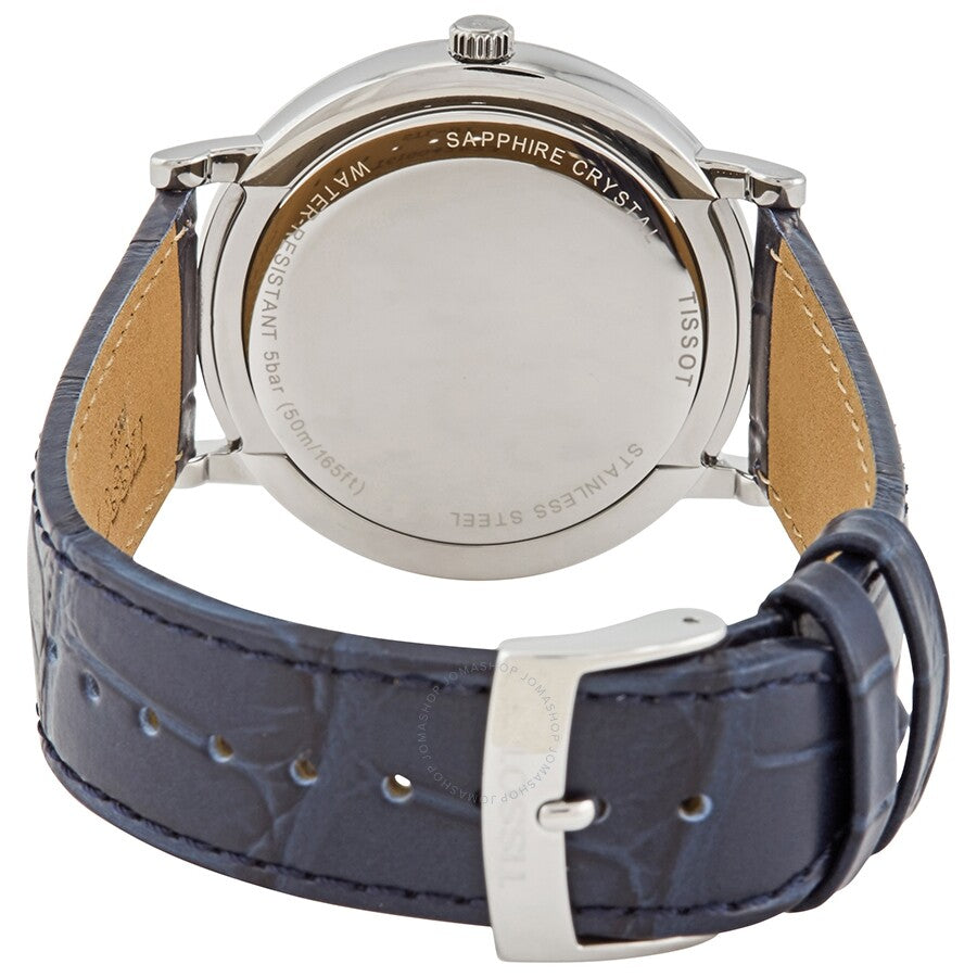 Tissot Carson Premium caseback showing sapphire crystal and crocodile leather strap attachment