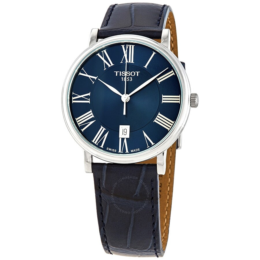 Tissot Carson Premium blue dial watch with Roman numerals and crocodile leather strap