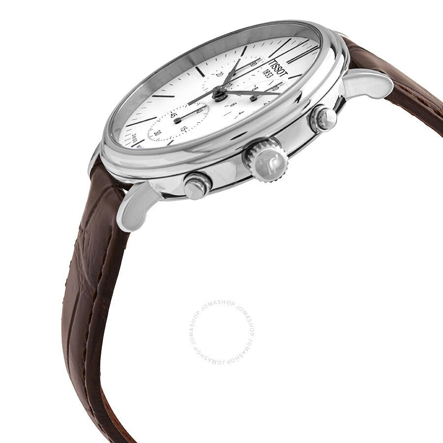 Tissot Carson Premium chronograph in 3/4 profile view with silver case and brown strap