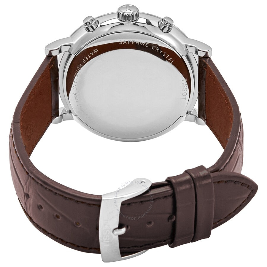 Tissot Carson Premium chronograph caseback showing transparent exhibition back with brown leather strap