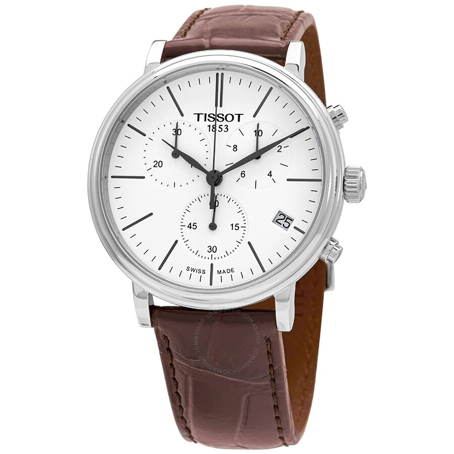 Tissot Carson Premium chronograph with white dial and brown leather strap