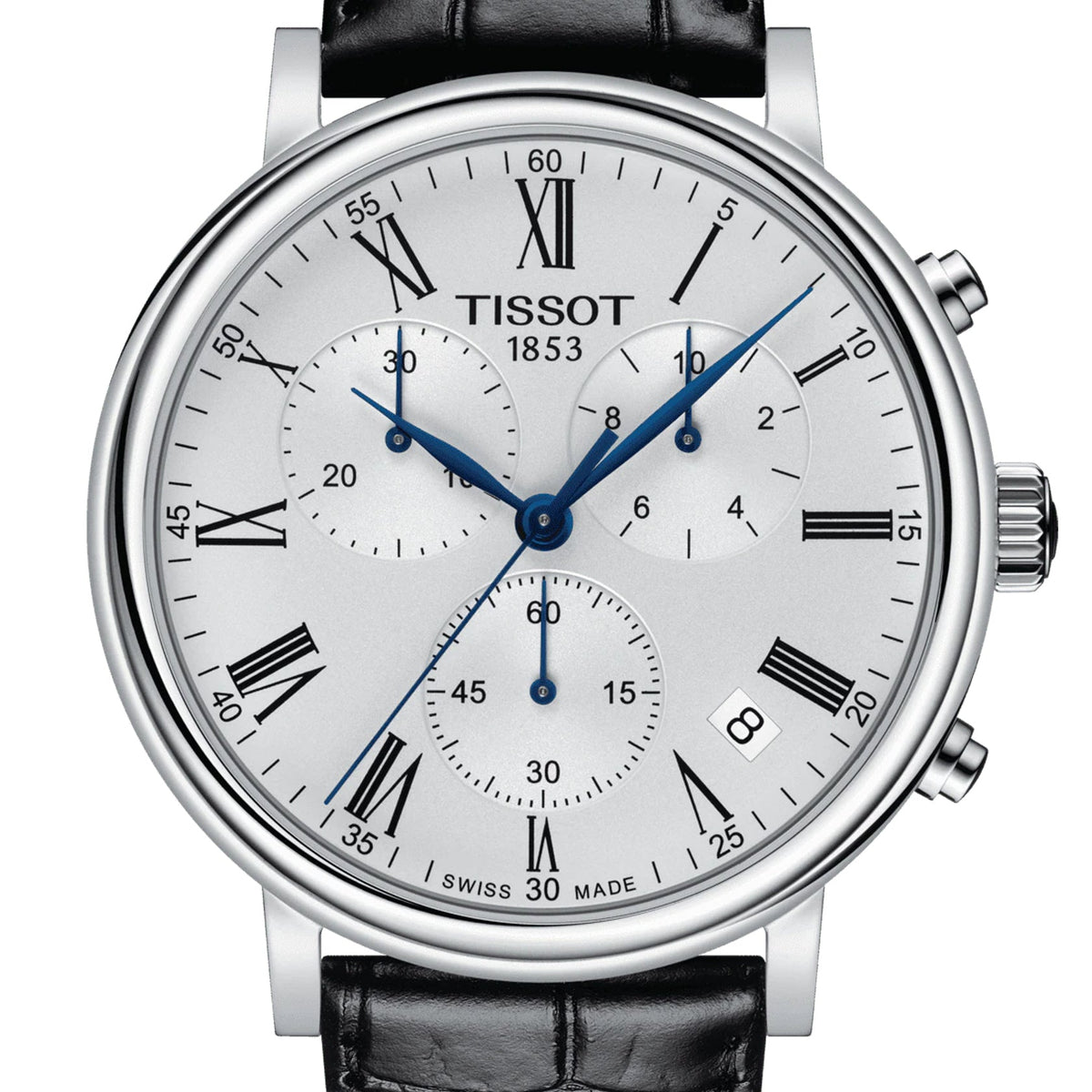 Tissot Carson Premium dial detail showing Roman numerals, chronograph subdials, and blue hands