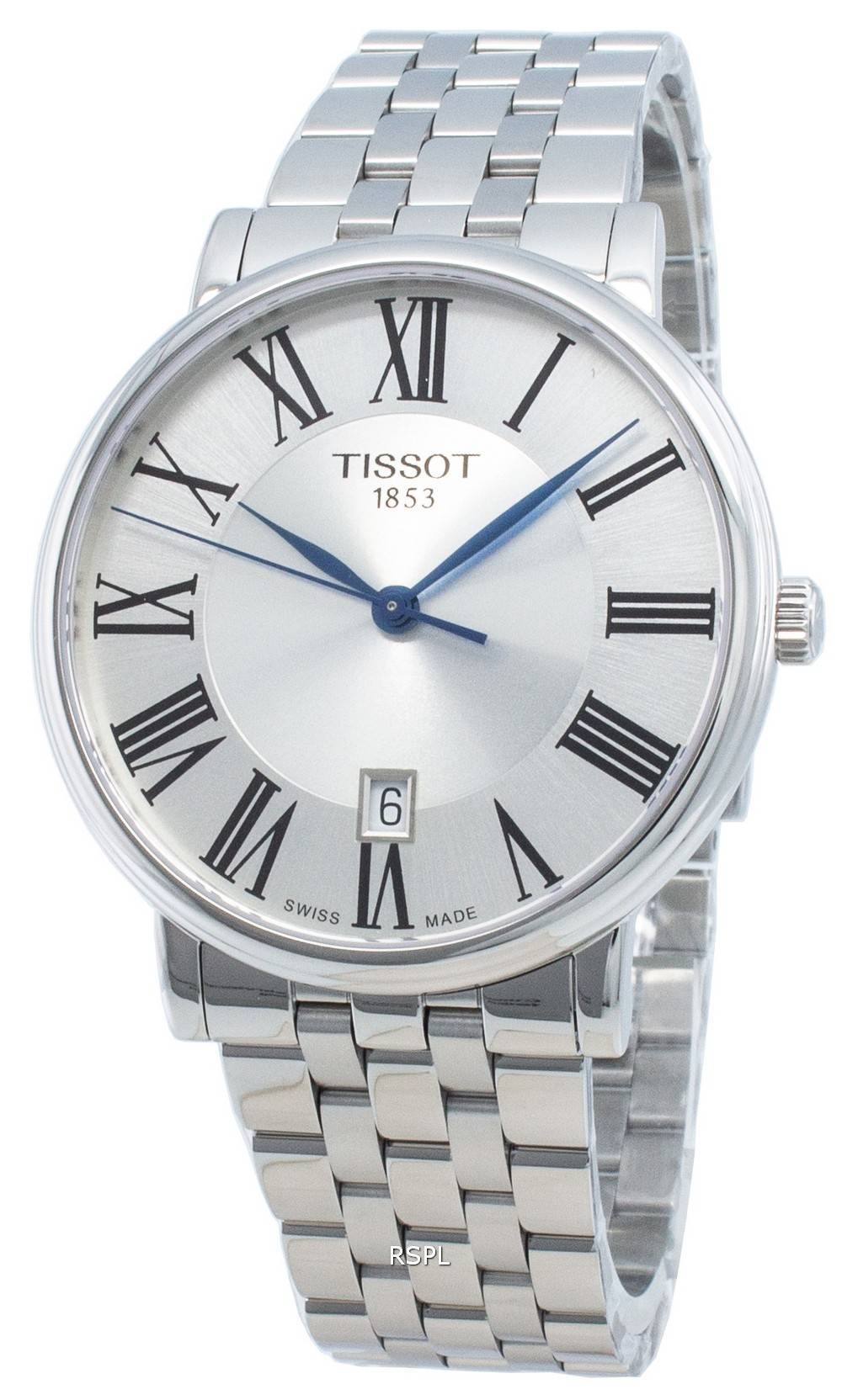 Tissot Carson Premium watch angled view showing silver steel bracelet