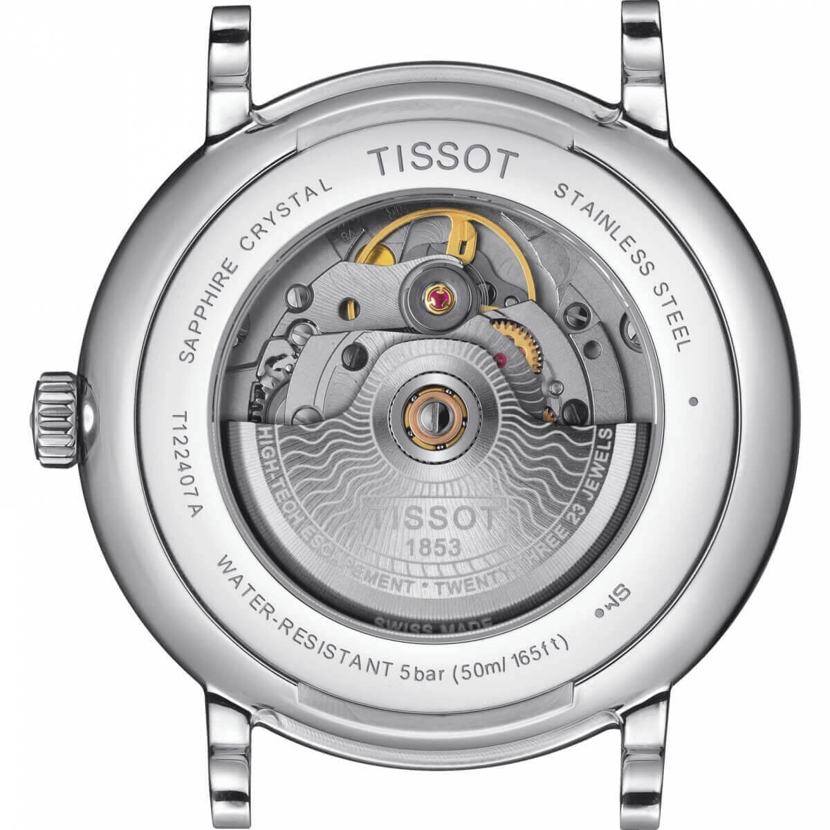 Tissot Carson Premium caseback showing automatic movement and sapphire crystal