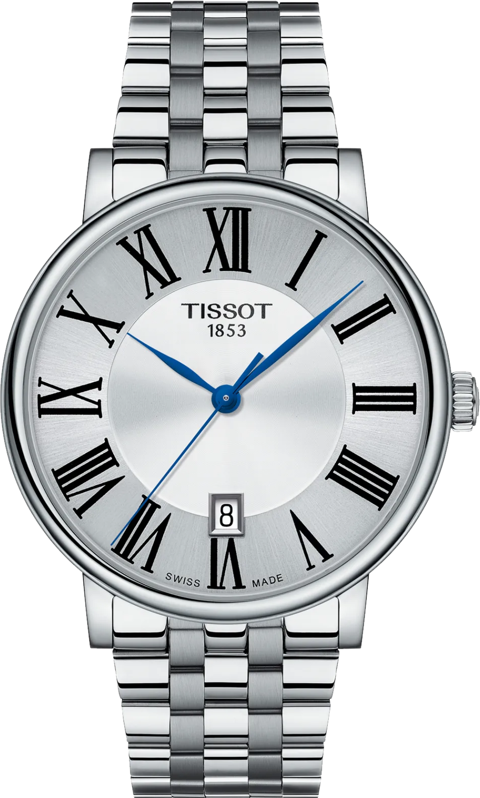 Tissot Carson Premium silver dial watch with Roman numerals and blue hands