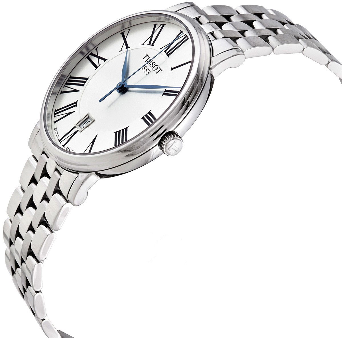 Tissot Carson Premium watch worn on wrist with silver steel bracelet