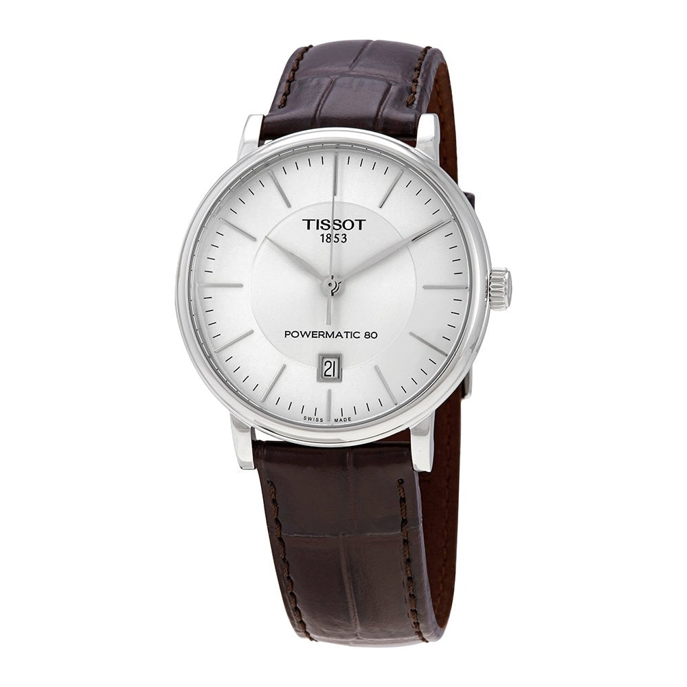 Tissot Carson Premium men's watch at three-quarter angle with brown crocodile-pattern leather strap
