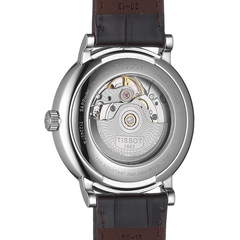 Tissot Carson Premium caseback showing Powermatic 80 automatic movement through display back