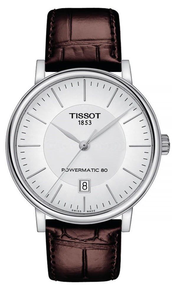 Tissot Carson Premium silver dial watch with brown leather strap, date window visible