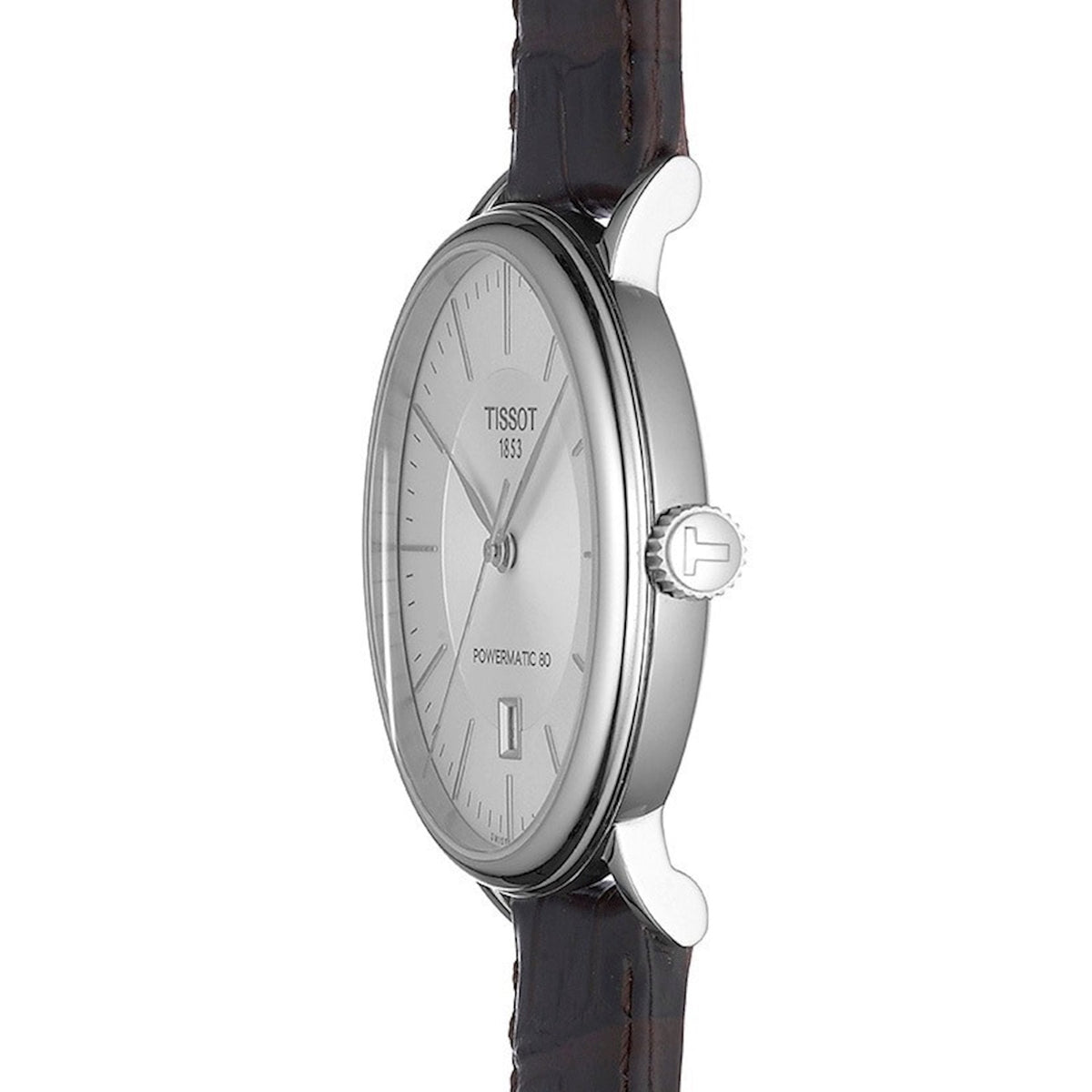 Side profile of Tissot Carson Premium watch showing silver case and brown leather strap