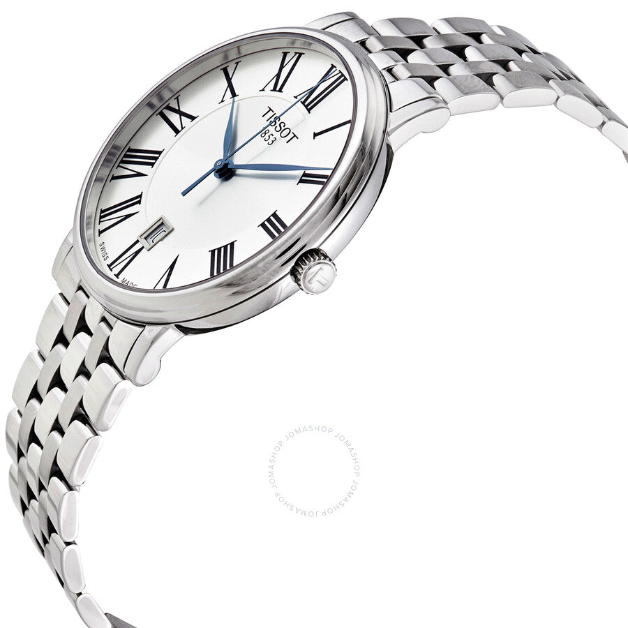 Tissot Carson Premium watch at three-quarter angle showing steel bracelet and case