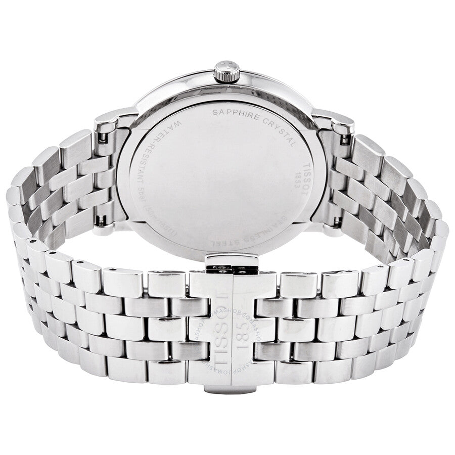 Tissot Carson Premium watch caseback showing sapphire crystal and stainless steel