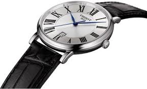 Tissot Carson Premium watch angled view showing silver dial and black crocodile-textured leather strap