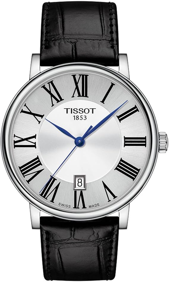 Tissot Carson Premium silver dial quartz watch with Roman numerals and black leather strap