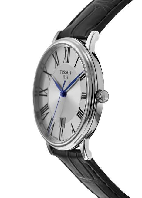 Tissot Carson Premium watch side profile with silver dial and black leather strap