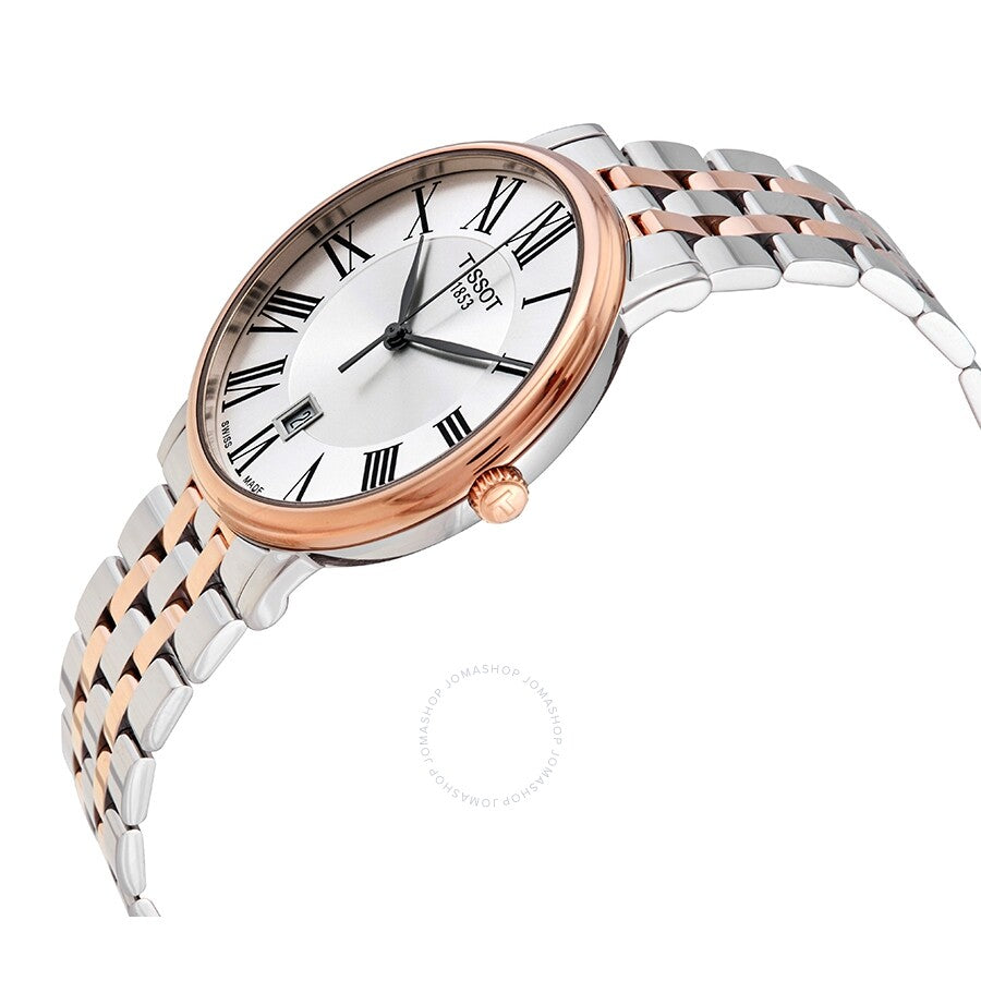 Tissot Carson Premium watch displayed at angle showing silver dial and two-tone mixed metal bracelet
