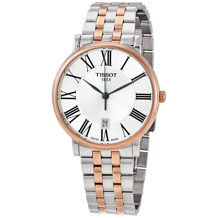 Tissot Carson Premium quartz men's watch with silver dial, Roman numerals, and two-tone steel and rose gold bracelet