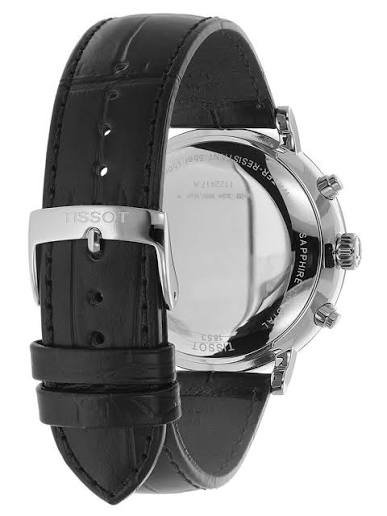 Tissot Carson Premium watch caseback showing transparent exhibition back and chronograph mechanism