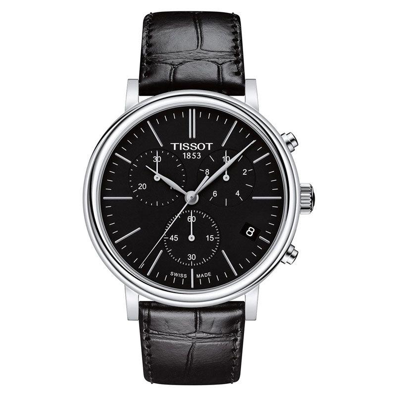 Tissot Carson Premium chronograph quartz men's watch with black dial and leather strap