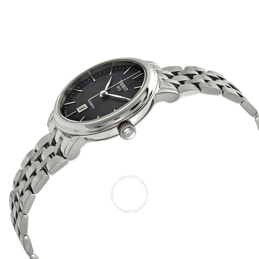 Tissot Carson ladies watch from side angle showing stainless steel bracelet and black dial