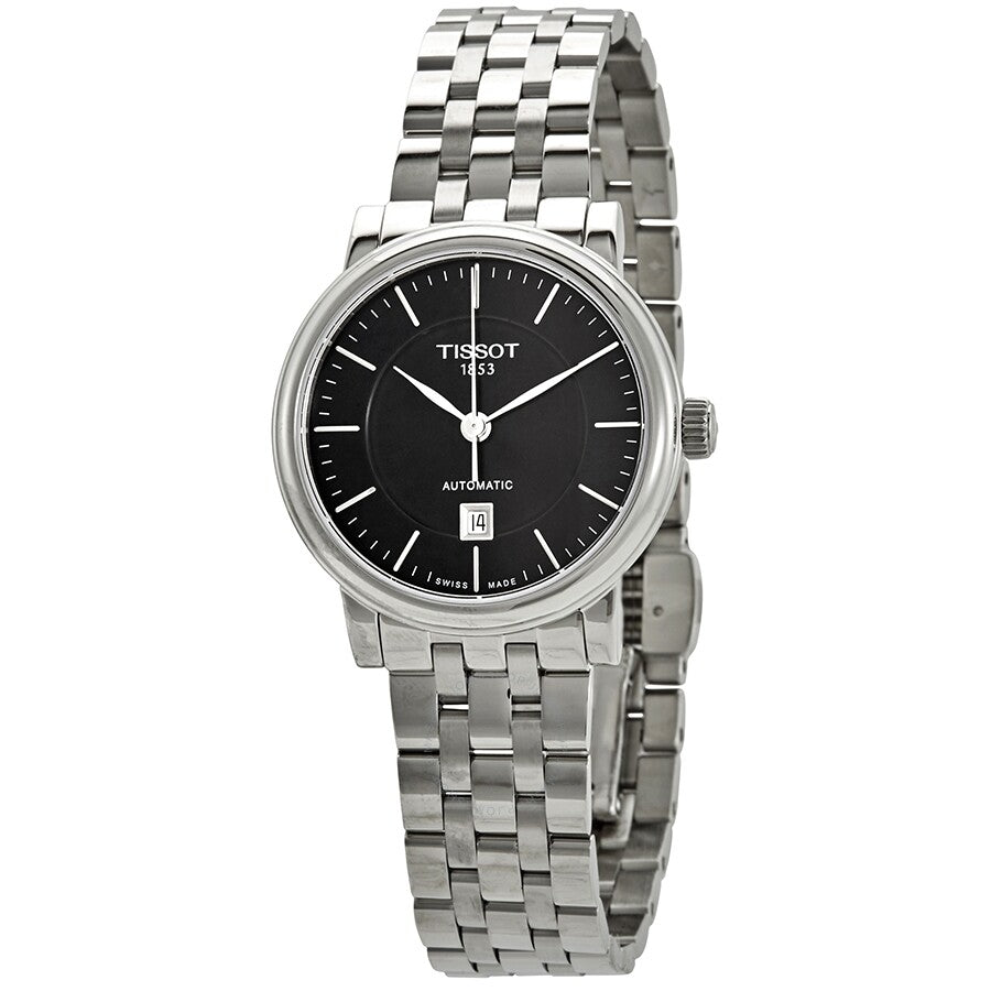 Tissot Carson automatic ladies watch with black dial and stainless steel bracelet
