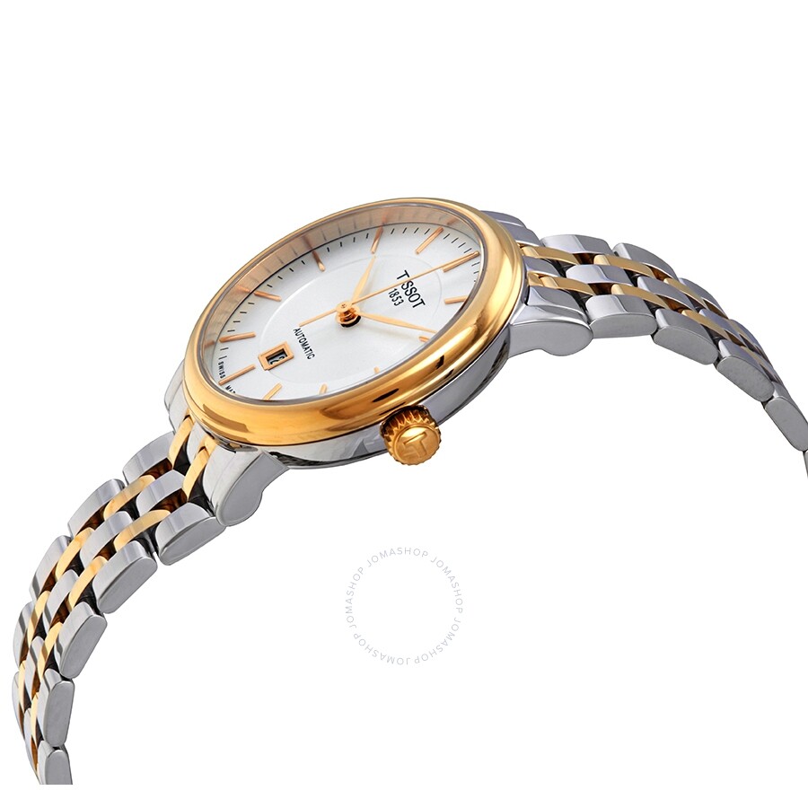Tissot Carson watch angle view showing gold-tone bezel and mixed metal bracelet