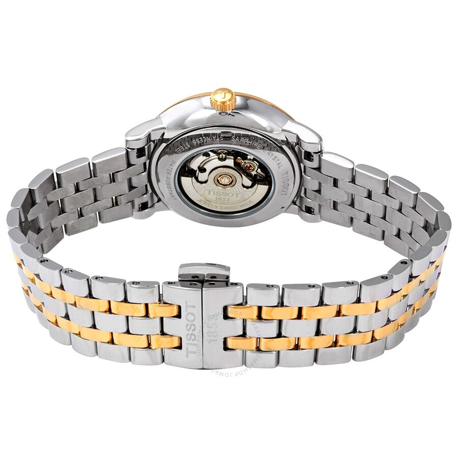 Tissot Carson caseback view displaying automatic movement and two-tone bracelet