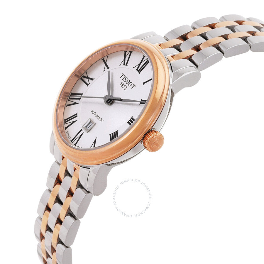 Tissot Carson ladies watch angled view showing rose gold case and two-tone bracelet