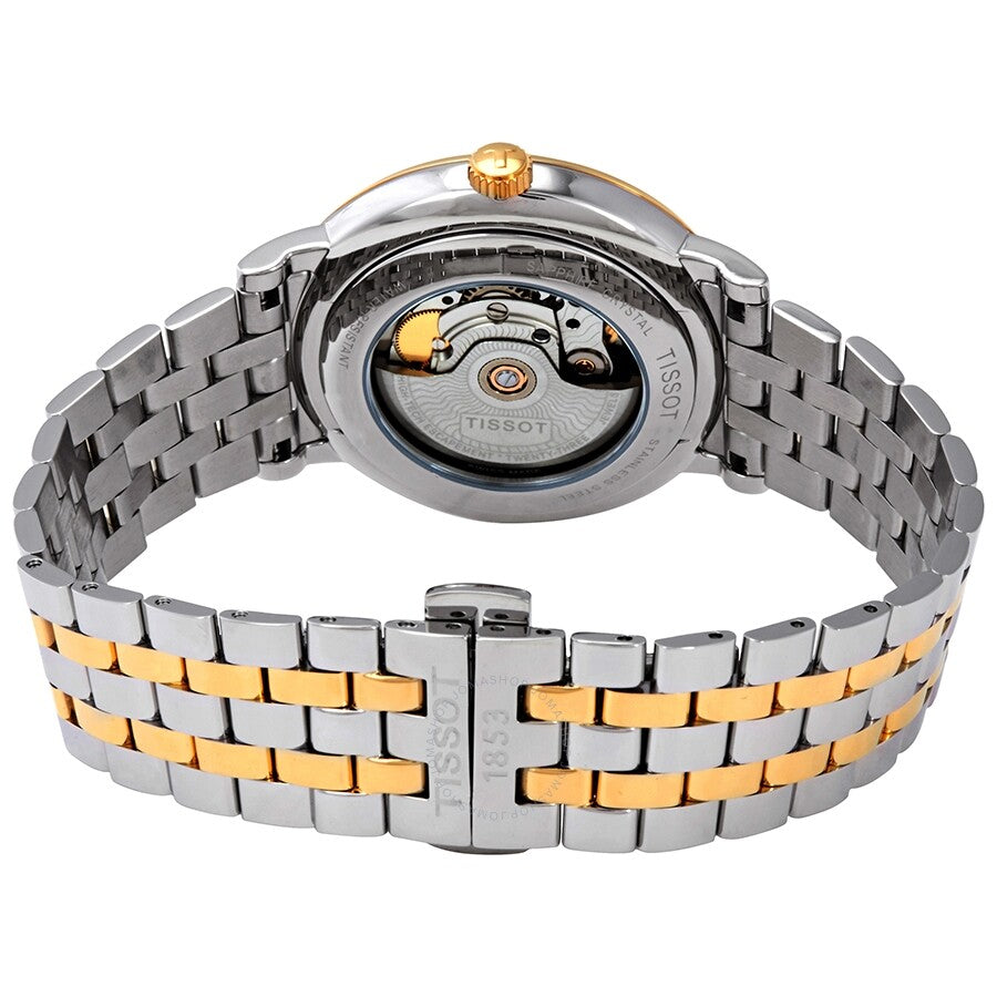 Tissot Carson caseback showing automatic Powermatic 80 movement with two-tone bracelet and crown
