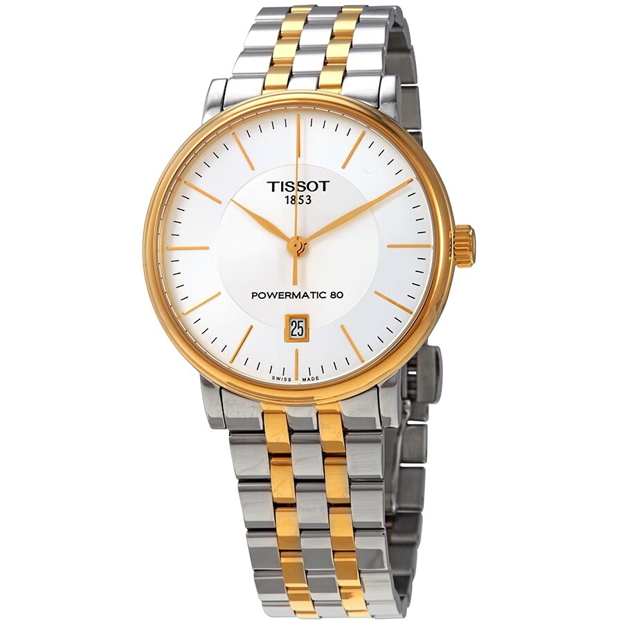 Tissot Carson automatic watch with silver dial, two-tone steel and gold bracelet, gold hands and hour markers