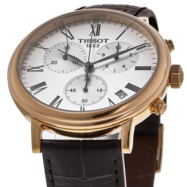 Tissot Carson Premium Chronograph angled view showcasing rose gold case with chronograph pushers and brown strap