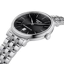 Angled side view of Tissot Carson watch with silver steel bracelet