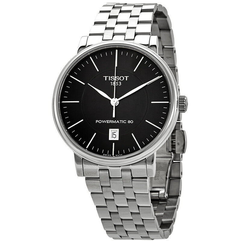 Tissot Carson automatic watch with black dial, silver steel bracelet and date window