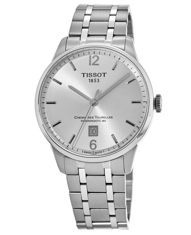 Tissot Chemin Des Tourelles Powermatic 80 three-quarter view showing dial and stainless steel bracelet