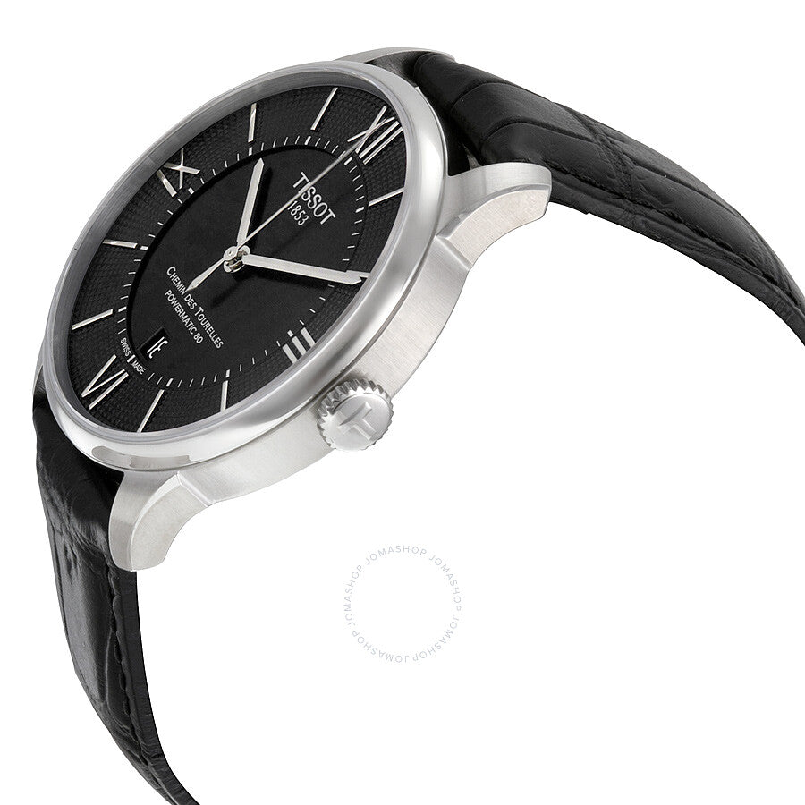 Tissot Chemin Des Tourelles Powermatic 80 watch shown on wrist with black leather strap