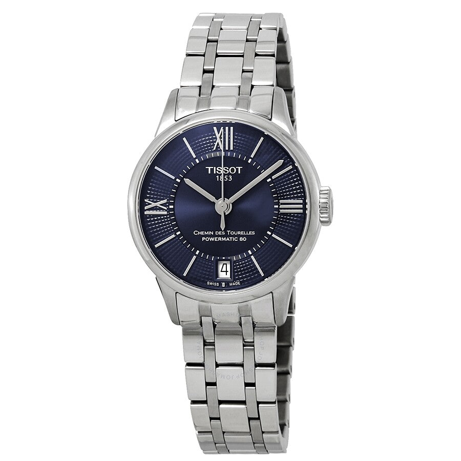 Tissot Chemin Des Tourelles automatic ladies watch with blue dial and stainless steel bracelet