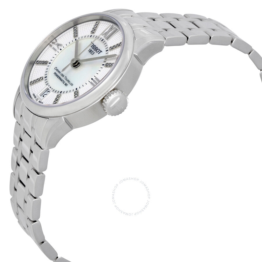 Tissot Chemin Des Tourelles ladies watch shown at angle with stainless steel bracelet and white dial