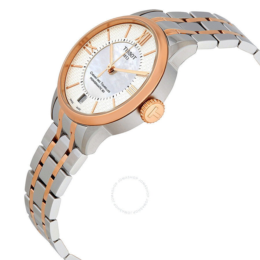 Tissot Chemin Des Tourelles watch angled view showing two-tone steel and rose gold bracelet