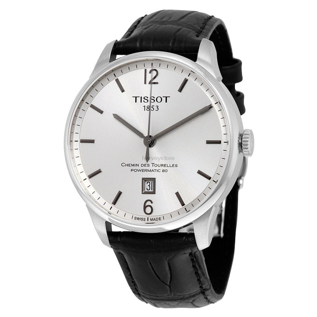 Tissot Chemin Des Tourelles watch angled view showing case and black crocodile leather strap