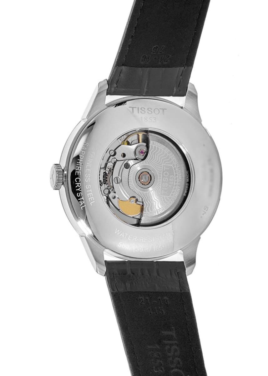 Tissot Chemin Des Tourelles caseback showing Powermatic 80 movement and rotor