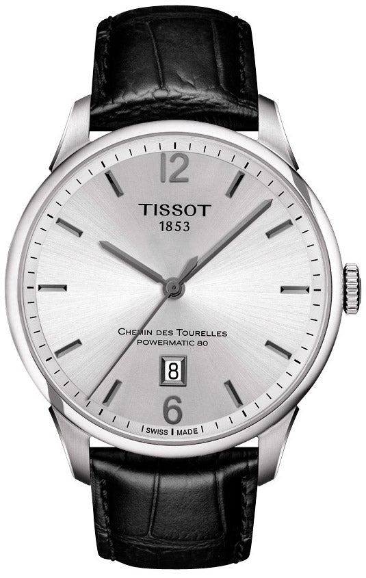 Tissot Chemin Des Tourelles silver dial men's watch with black leather strap