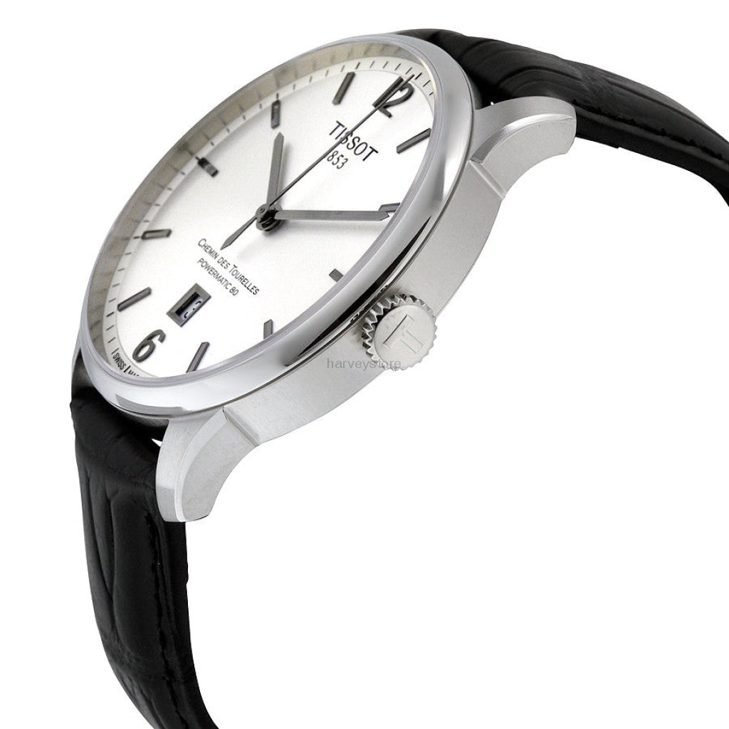 Tissot Chemin Des Tourelles watch side profile view with stainless steel case