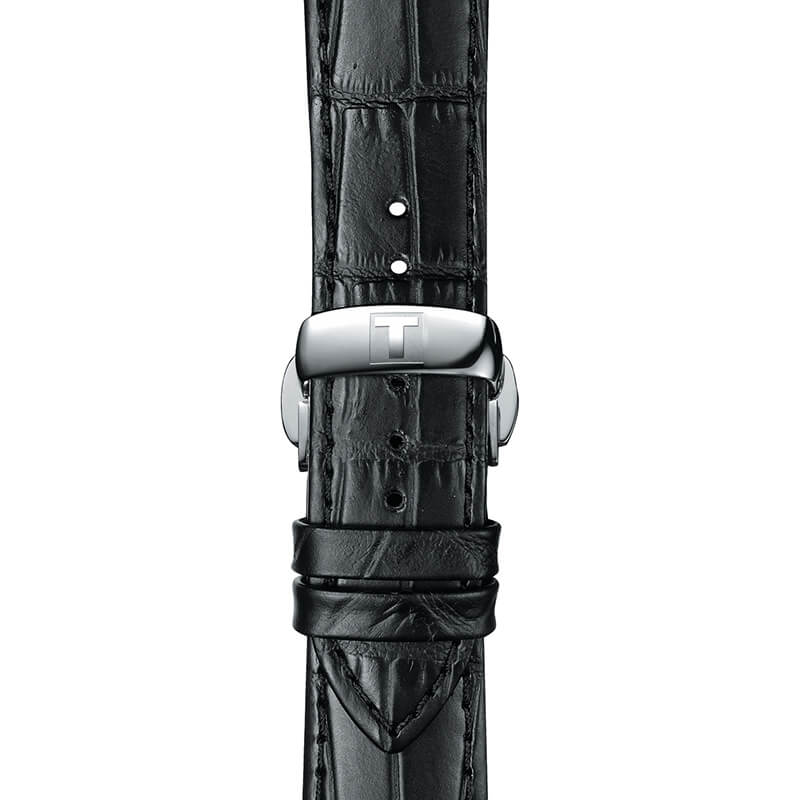 Black crocodile-embossed leather strap with stainless steel deployment clasp