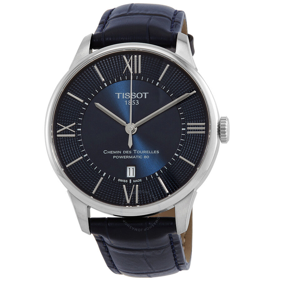 Tissot Chemin Des Tourelles automatic watch with blue dial, stainless steel case and dark blue leather strap