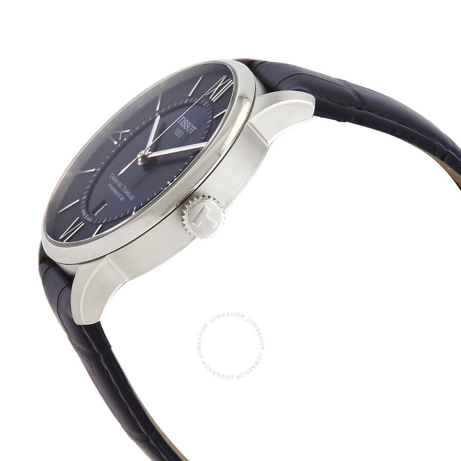 Side view of Tissot Chemin Des Tourelles showing stainless steel case profile and blue leather strap